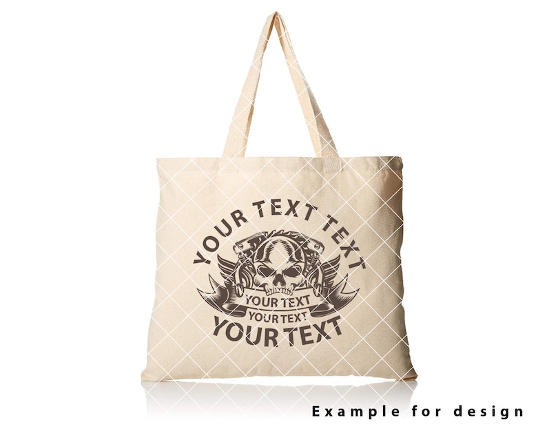 May include: A beige tote bag with a skull and crossbones design. The design includes the text "YOUR TEXT" repeated four times.