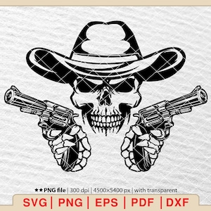 May include: Black and white illustration of a skull wearing a cowboy hat and holding two revolvers.