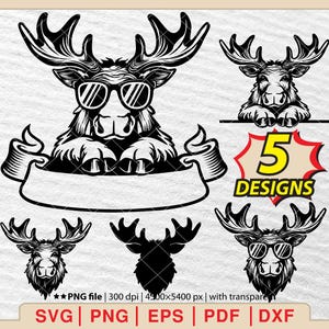 サングラスをかけた覗くムース SVG、ムース SVG、ムース クリップアート、ムース PNG、ムース ヘッド、覗くムース SVG、サングラスをかけた動物 [EP-600]
