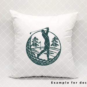 May include: A green silhouette of a golfer swinging a club on a golf course, surrounded by golf balls, with trees and a flag in the background. The image is on a white pillow.