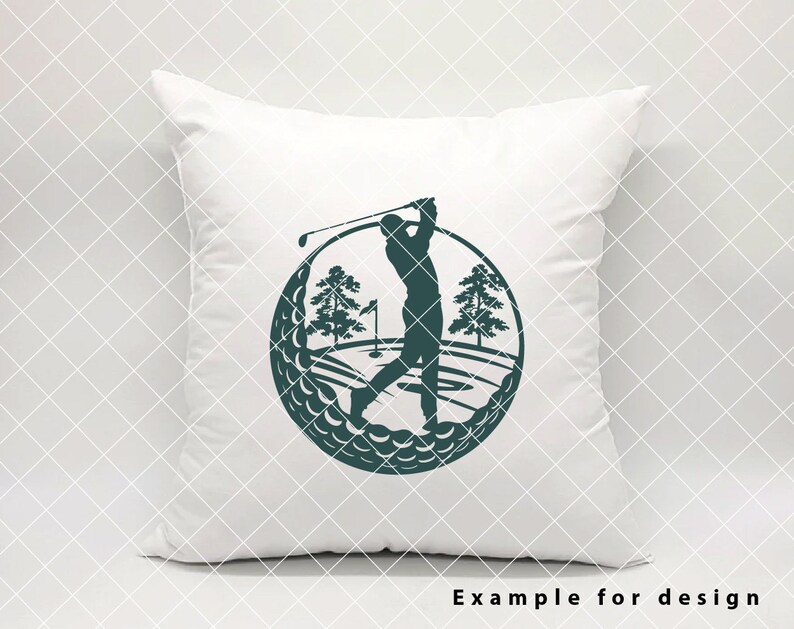 May include: A green silhouette of a golfer swinging a club on a golf course, surrounded by golf balls, with trees and a flag in the background. The image is on a white pillow.