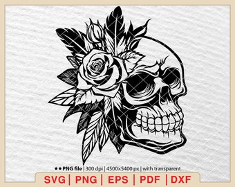 Skull With Roses SVG: Halloween Floral Skull, Feathers (Digital Files)