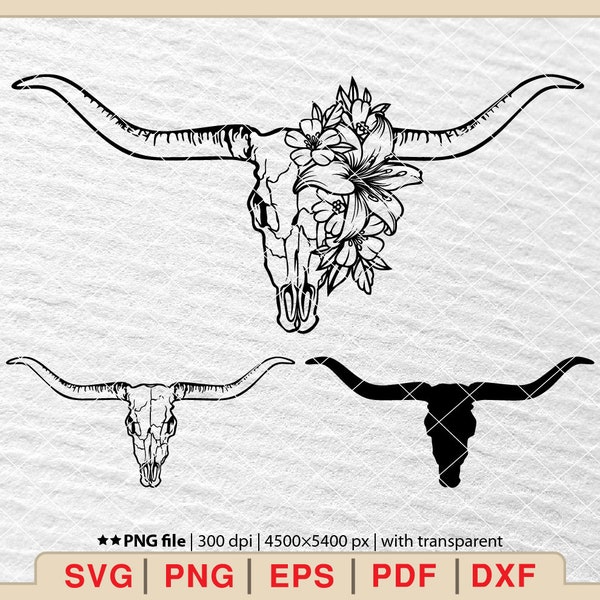 Texas Longhorn Cow Skull SVG, Longhorn Flowers Floral Bull Skull Svg, Hand Drawn Texas Cattle Skull Svg, Cow Skull Flowers SVG [EP-499]