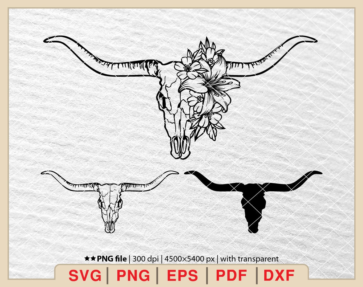 Floral Longhorn Skull SVG: Texas Cattle Skull (Digital Files)