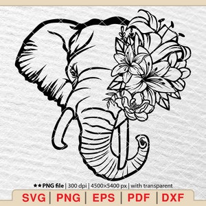 May include: Black and white line art illustration of an elephant's head with a floral arrangement on the side. The flowers are lilies and roses.