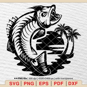 May include: Black and white silhouette of a fish jumping out of the water with palm trees and a sunset in the background.