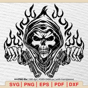 May include: Black and white digital illustration of a skull wearing a hooded cloak with flames behind it. The skull is holding two pistols.
