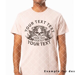 May include: A light pink t-shirt with a black skull graphic and the text "YOUR TEXT" repeated four times around the skull.