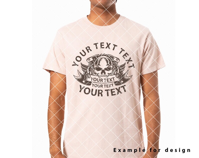 May include: A light pink t-shirt with a black skull graphic and the text "YOUR TEXT" repeated four times around the skull.
