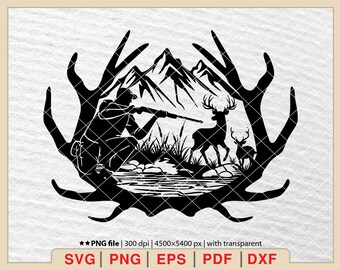 Deer Hunter Scene SVG: Antler Frame, Forest Silhouette (Digital Files)