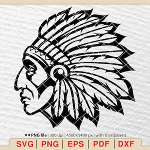 May include: Black and white silhouette of a Native American man wearing a headdress with feathers. The image is a digital illustration.