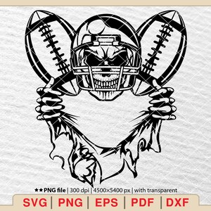 May include: A black and white illustration of a skull wearing a football helmet and holding two footballs. The skull is breaking through a ripped piece of paper.