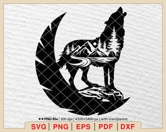 Howling Wolf SVG: Mountain Scene, Pine Tree Design (Digital Files)