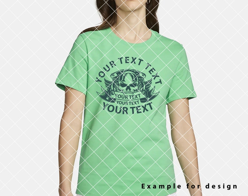 May include: A green t-shirt with a skull and wings graphic and the text "YOUR TEXT YOUR TEXT YOUR TEXT".