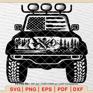 US flag Offroad SVG, American offroad svg, Offroad forest svg, usa flag png, 4WD offroad svg, 4x4 offroad clip art, Forest scene svg[EP-572]