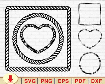 Pacchetto SVG con cornice in corda: cerchio, cuore, quadrato (download digitale)