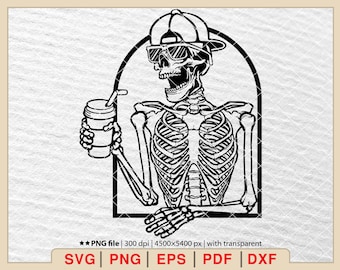 Skeleton Drinking Coffee SVG: Skull Sips, Coffee Cup (Digital Files)