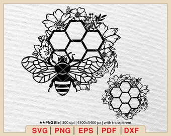 Bloemenbij SVG-bundel: Honingraat- en bloemmotieven (digitale download)