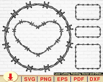 Pacchetto SVG con cornice in filo spinato: disegni di cuori e recinzioni (file digitali)