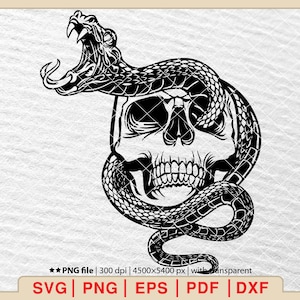 ヘビと頭蓋骨の頭 SVG、ホラー スケルトン SVG、ヘビの頭蓋骨 SVG、頭蓋骨の頭 SVG、死んだスケルトン SVG、頭蓋骨ヘビのクリップアート [EP-553]