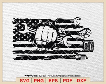 May include: Black and white illustration of a wrench, spark plug, and other tools with a stylized American flag in the background.