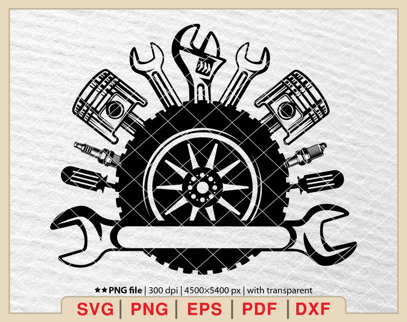 Op de afbeelding: Zwart-witte silhouet van een autoband met schroevendraaiers, bougies en zuigers eromheen. De band heeft een gedetailleerd profiel en een wiel met vijf spaken.