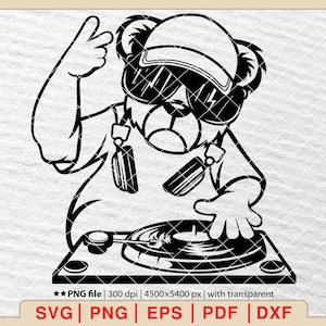 May include: A black and white illustration of a bear wearing a baseball cap and sunglasses, holding a microphone and standing in front of a turntable. The bear is a DJ.