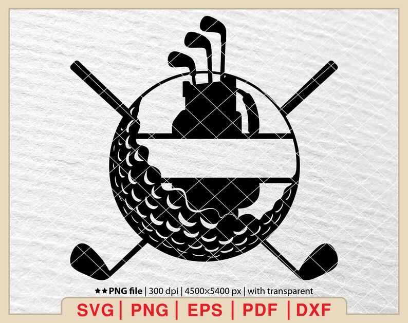 Puede incluir: Silueta en blanco y negro de una bola de golf con dos palos de golf cruzados y una bolsa de golf con palos dentro. La bola de golf tiene una superficie texturizada. La bolsa de golf tiene un espacio en blanco para la personalizaci&oacute;n.