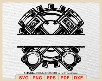 Può includere: Design di monogramma diviso in bianco e nero con due pezzi di motore a pistone stilizzati e un ingranaggio al centro. Il design è perfetto per aggiungere un tocco personalizzato all'arredamento di casa di un appassionato di auto o un regalo personalizzato.