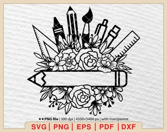 Teacher SVG, Flower Pencil Svg, Back to School Svg, Teacher Gift Svg, Teacher Shirt Svg, Floral Monogram Frame Svg [EP - 527]