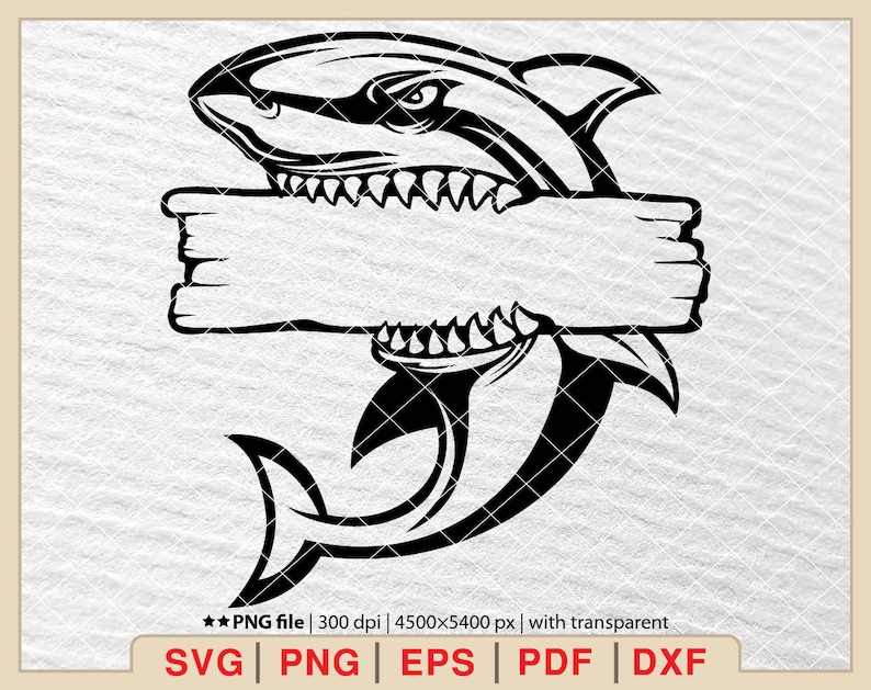 May include: A black and white illustration of a shark biting a blank sign. The shark has sharp teeth and a menacing expression.