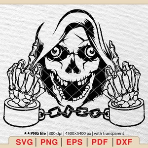 May include: Black and white illustration of a skeleton wearing a hooded robe and chained at the wrists. The skeleton has a wide, toothy grin.