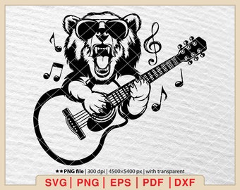 Bear Playing Guitar SVG: Music Notes, Rock Music (Digital Files)