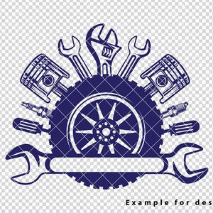 Op de afbeelding: Een blauwe en witte illustratie van een autowiel omringd door schroevendraaiers, bougies en zuigers. De tekst "Voorbeeld voor ontwerp" staat onder de afbeelding.