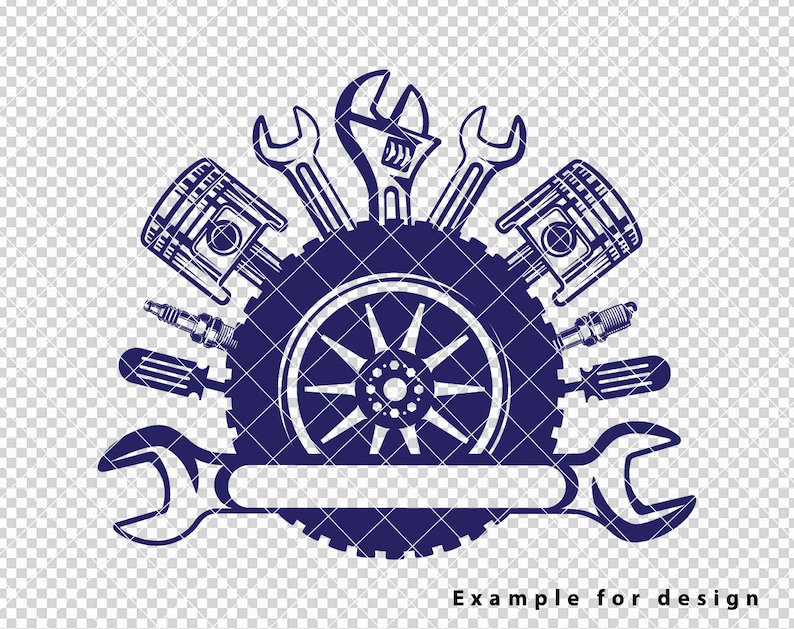 Op de afbeelding: Een blauwe en witte illustratie van een autowiel omringd door schroevendraaiers, bougies en zuigers. De tekst "Voorbeeld voor ontwerp" staat onder de afbeelding.