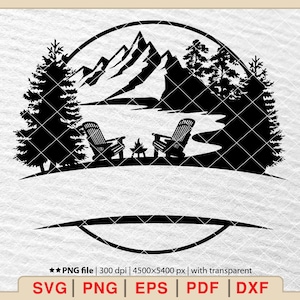 Lake Scene Adirondack Chairs Campfire Svg, Forest Scene Svg,Lake Scene Svg, Lake Scene Chairs Svg,Outdoors Mountain Lake Scene Svg  [EP-437]