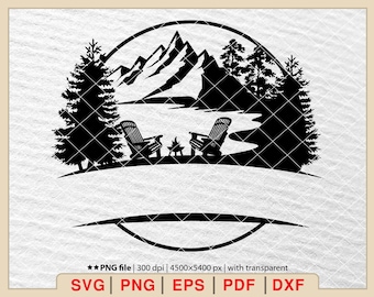 Adirondack Chairs Lake Scene SVG: Campfire, Mountain Forest (Digital Files)