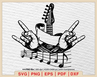 Rock Music Hand SVG: Guitar, Notes (Digital Files)