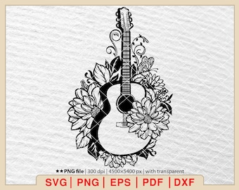 Floral Guitar SVG: Acoustic Music Design (Digital Download)