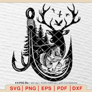 Deer & Bass Fishing Hook SVG: Hunting Season Design (Digital Download)