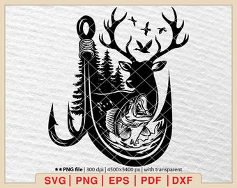 Deer & Bass Fishing Hook SVG: Hunting Season Design (Digital Download)