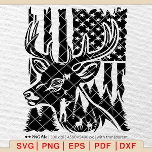 鹿狩りのアメリカ国旗 SVG: 鹿の頭のベクター画像 (デジタルダウンロード)