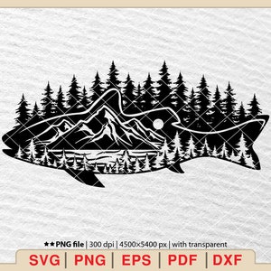 May include: Black and white silhouette of a fish with a mountain range and forest inside. The fish is swimming to the right. The image is a digital download for crafting projects.