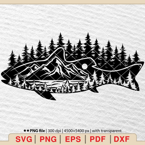 Fish and Trees Svg, Trout SVG, Fishing SVG, Trout Fishing, Fish and Mountains Svg,Bass fish Svg,Summer svg, Fisherman svg [EP-206]