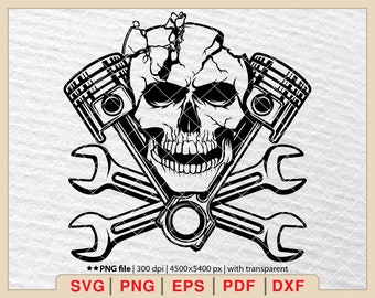 Skull Mechanic SVG: Wrench & Piston Graphic (Digital Download)