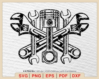 Mechanic Wrench & Piston Logo SVG, Repair Tools Clipart (Digital Files)