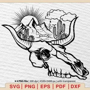 Cow Skull Desert Scene SVG: Cactus Western Landscape (Digital Download)