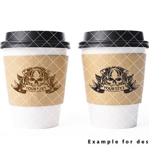 May include: Two brown paper coffee cups with black lids. Each cup has a skull and crossbones design with the text "YOUR TEXT" on a banner.