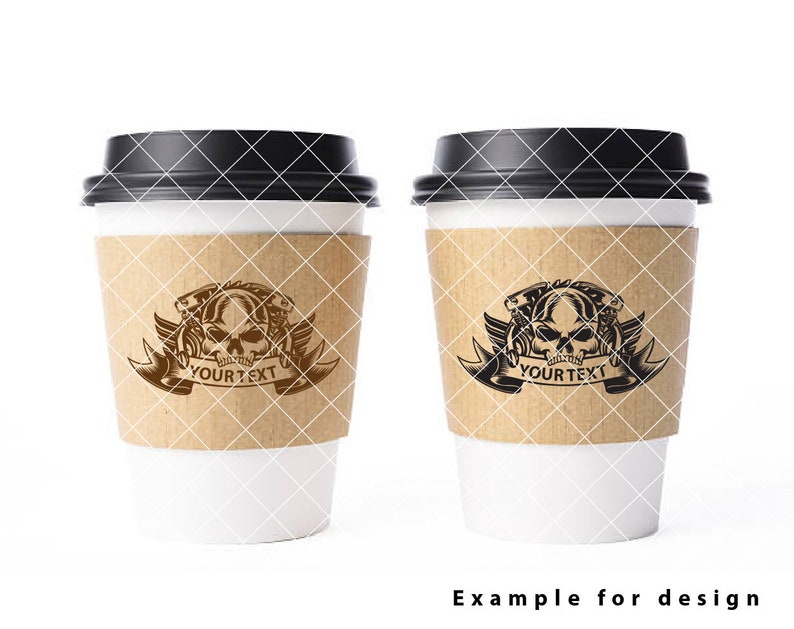 May include: Two brown paper coffee cups with black lids. Each cup has a skull and crossbones design with the text "YOUR TEXT" on a banner.