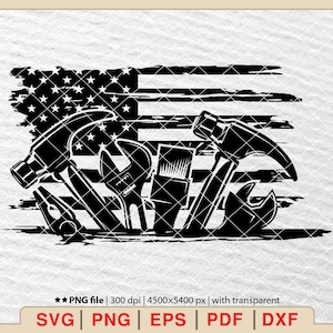 May include: Black and white silhouette of various tools, including a hammer, wrench, and paintbrush, arranged in a cluster against a distressed American flag background.